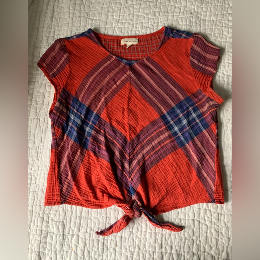 Red plaid short-sleeved top, 100% cotton